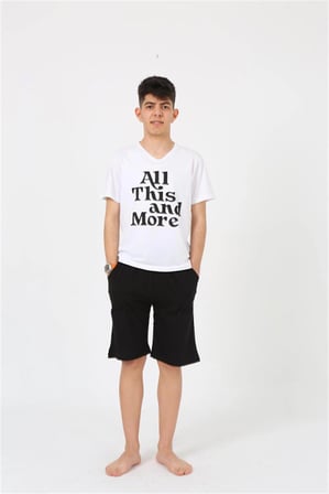 Erkek Genç Garson Boy Kısa Kol Beyaz Penye Şortlu Pijama Takımı