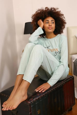 Kadın Penye Uzun Kol Pijama Takım Su Yeşili