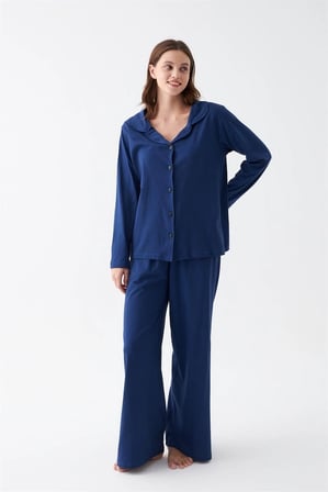 Kadın Lacivert Düğmeli Yaka Detaylı Pamuklu Pijama Takımı