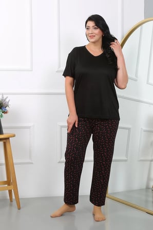 Kadın Büyük Beden Kısa Kol Penye Pijama Takımı Siyah