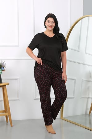 Kadın Büyük Beden Kısa Kol Penye Pijama Takımı Siyah