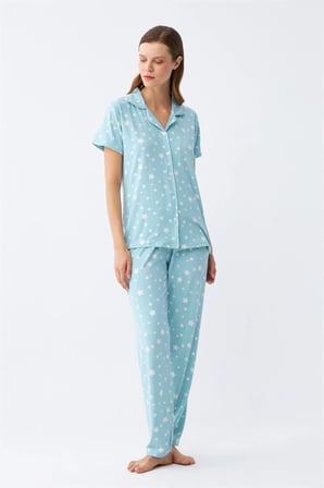 Kadın Buz Mavisi Yıldız Desenli Önden Düğmeli Pijama Takımı