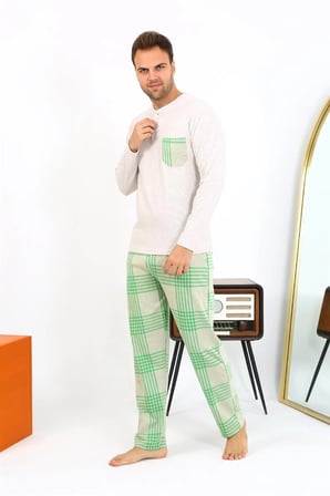 Erkek Uzun Kol Penye Krem Pijama Takımı
