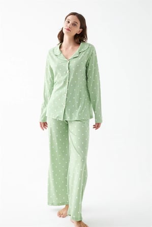 Kadın Yeşil Kalp Desenli Düğmeli Pamuklu Pijama Takımı