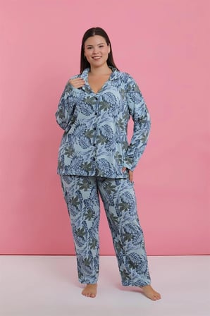 Kadın Büyük Beden Mavi Tropikal Desenli Düğmeli Pijama Takımı