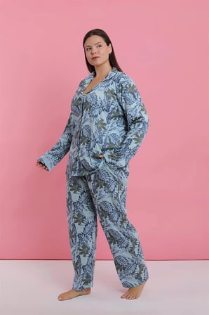 Kadın Büyük Beden Mavi Tropikal Desenli Düğmeli Pijama Takımı