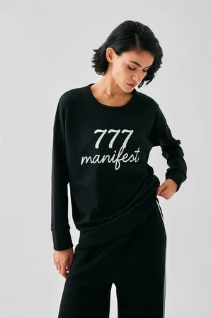 Kadın Siyah Manifest Oversize 2 İplik Eşofman Ev Giyim Takımı