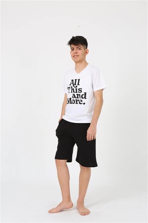 Erkek Genç Garson Boy Kısa Kol Beyaz Penye Şortlu Pijama Takımı