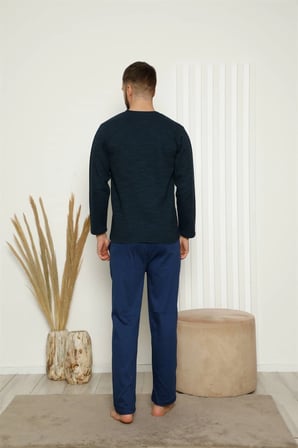 Erkek %100 Pamuk Önden Düğmeli Cepli Uzun Kollu Pijama Takımı Lacivert
