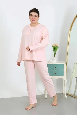 Kadın Büyük Beden Uzun Kol Penye Pijama Takımı Pembe