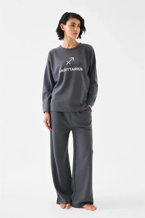 Kadın Füme Yay Burcu Oversize 2 İplik Eşofman Ev Giyim Takımı