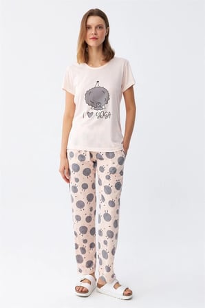 Kadın Kısa Kol Pijama Takım Pudra