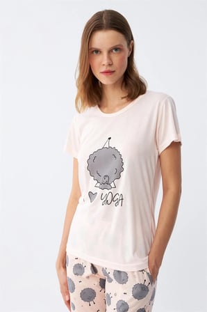 Kadın Kısa Kol Pijama Takım Pudra