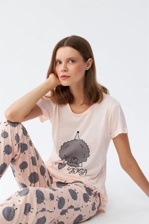 Kadın Kısa Kol Pijama Takım Pudra