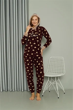 Polar Kadın Kapşonlu Pijama Takımı Bordo