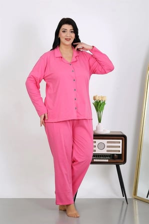 Kadın Büyük Beden Pamuklu Cepli Düğmeli Pembe Pijama Takım
