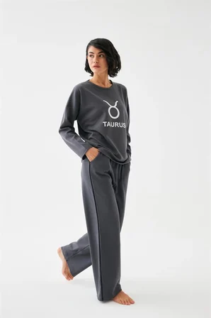 Kadın Füme Boğa Burcu Oversize 2 İplik Eşofman Ev Giyim Takımı