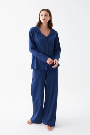 Kadın Lacivert Düğmeli Yaka Detaylı Pamuklu Pijama Takımı