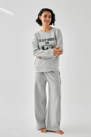Kadın Gri Sleep Mode ON Oversize 2 İplik Eşofman Ev Giyim Takımı