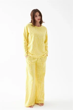 Kadın Oversize Sarı Desenli Pamuklu Kalın Pijama Takımı
