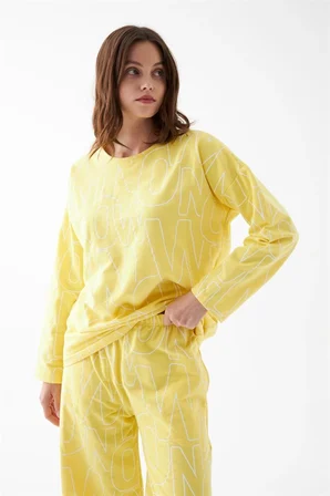 Kadın Oversize Sarı Desenli Pamuklu Kalın Pijama Takımı