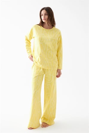 Kadın Oversize Sarı Desenli Pamuklu Kalın Pijama Takımı