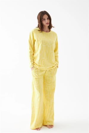 Kadın Oversize Sarı Desenli Pamuklu Kalın Pijama Takımı