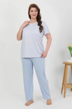 Kadın Büyük Beden Kısa Kol Penye Pijama Takımı Mavi
