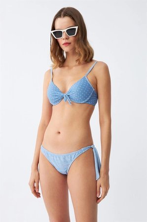 Kadın Yandan Bağlamalı Yarım Destekli Fiyonklu Alt Üst Bikini Takım Buz Mavisi