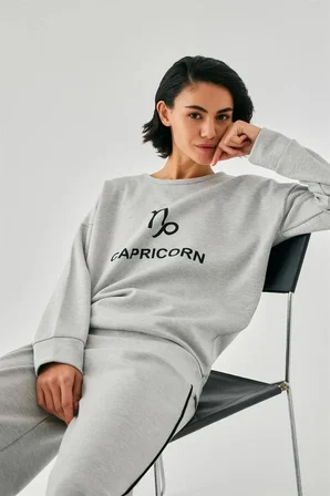 Kadın Gri Oğlak Burcu Oversize 2 İplik Eşofman Ev Giyim Takımı