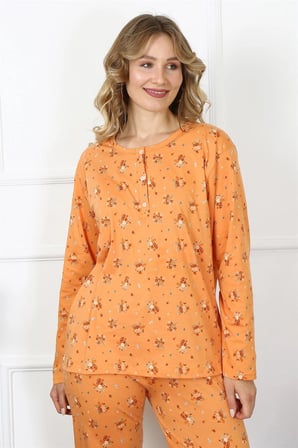 Kadın 4XL-5XL-6XL-7XL-8XL Büyük Beden Uzun Kol Pijama Takım Turuncu