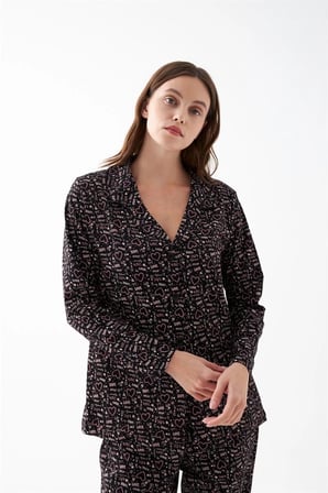 Kadın Siyah Düğmeli Kalp Desenli Pamuklu Pijama Takımı
