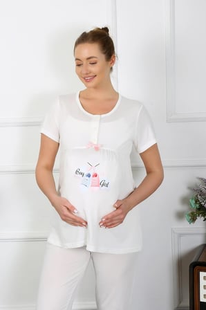 Kadın Kısa Kol Hamile Lohusa Pijama Takımı Ekru