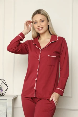 Kadın %100 Pamuk Penye Önden Düğmeli Uzun Kol Pijama Takım Bordo