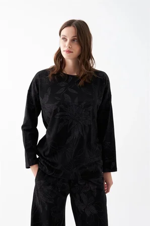 Kadın Oversize Siyah Çiçek Desenli Pamuklu Kalın Pijama Takımı