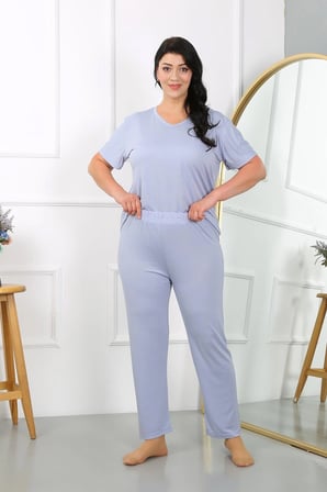 Kadın Büyük Beden Kısa Kol Penye Pijama Takımı Lila