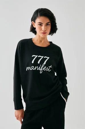 Kadın Siyah Manifest Oversize 2 İplik Eşofman Ev Giyim Takımı