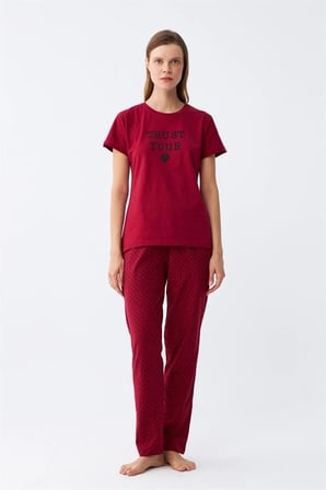 Kadın Bordo Kalp Desenli Kısa Kollu Penye Pijama Takımı