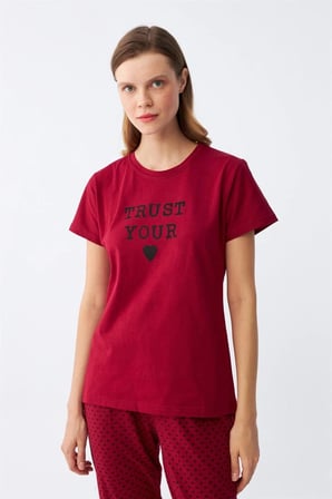 Kadın Bordo Kalp Desenli Kısa Kollu Penye Pijama Takımı