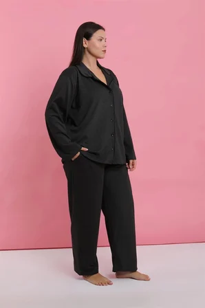 Kadın Büyük Beden Füme Düğmeli Pijama Takımı