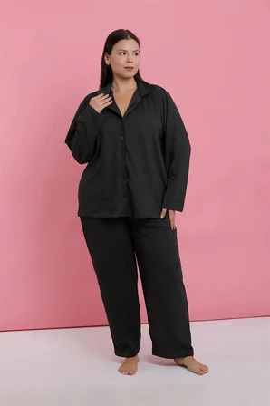 Kadın Büyük Beden Füme Düğmeli Pijama Takımı