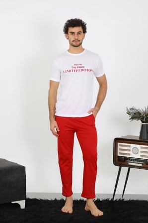 Erkek Kısa Kol Penye Beyaz Pijama Takımı
