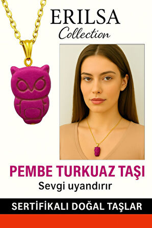 Sertifikalı Gold Baykuş Model Pembe Turkuaz Taşı Kolye Sevgi ve Huzur Verir
