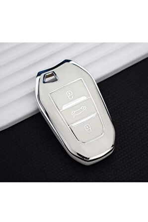 Peugeot 208 308 508 2008 3008 5008 Rifter Anahtar Koruma Kılıfı Anahtarsız Çaliştırma Beyaz/Krom