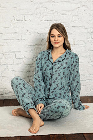 Nisanca Kadın Kışlık Welsoft Peluş Polar  Düğmeli Pijama Takımı