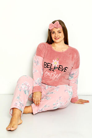 Nisanca Büyük Beden Peluş Polar Pijama Takımı- Saç Bandı Hediyeli 