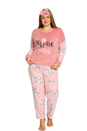 Nisanca Büyük Beden Peluş Polar Pijama Takımı- Saç Bandı Hediyeli 