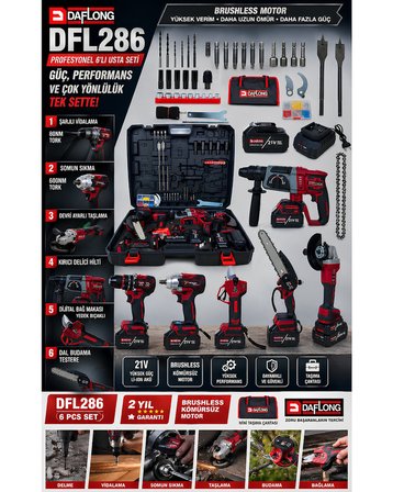 Daflong DFL286 Profesyonel Akülü 6lı Set - 80nm şarjlı vidalama + devir ayarlı taşlama + 600nm torklu somun sıkma + kırıcı delici hilti + dijital bağ makası + dal budama testere