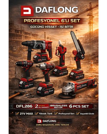 Daflong DFL286 Profesyonel Akülü 6lı Set - 80nm şarjlı vidalama + devir ayarlı taşlama + 600nm torklu somun sıkma + kırıcı delici hilti + dijital bağ makası + dal budama testere