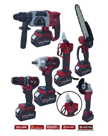 Daflong DFL286 Profesyonel Akülü 6lı Set - 80nm şarjlı vidalama + devir ayarlı taşlama + 600nm torklu somun sıkma + kırıcı delici hilti + dijital bağ makası + dal budama testere